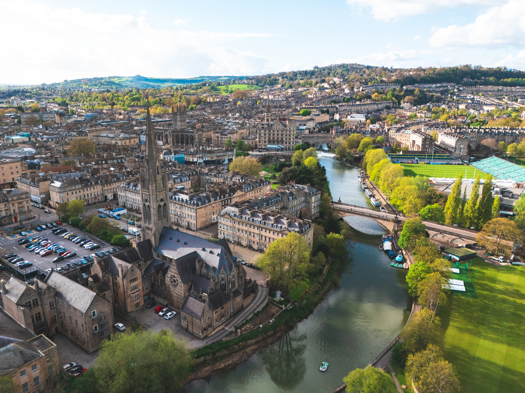 Drone view of historic Bath in UK